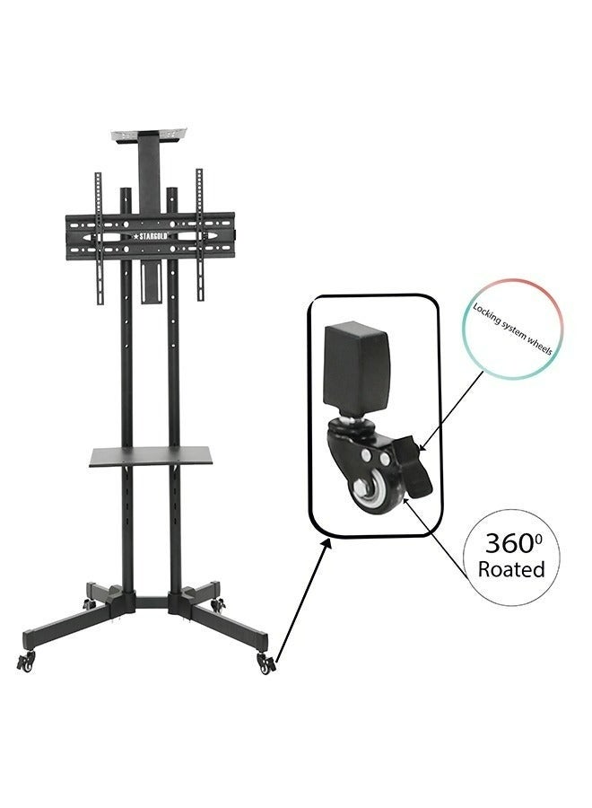 ستارجولد عربة تلفزيون متنقلة لأجهزة تلفزيون من 32 إلى 75 بوصة، حامل متحرك عالي التحمل مع عجلات، إمالة من +15 إلى -15 درجة، VESA 600x400، سعة تحميل 50 كجم، ارتفاع قابل للتعديل - Image 3