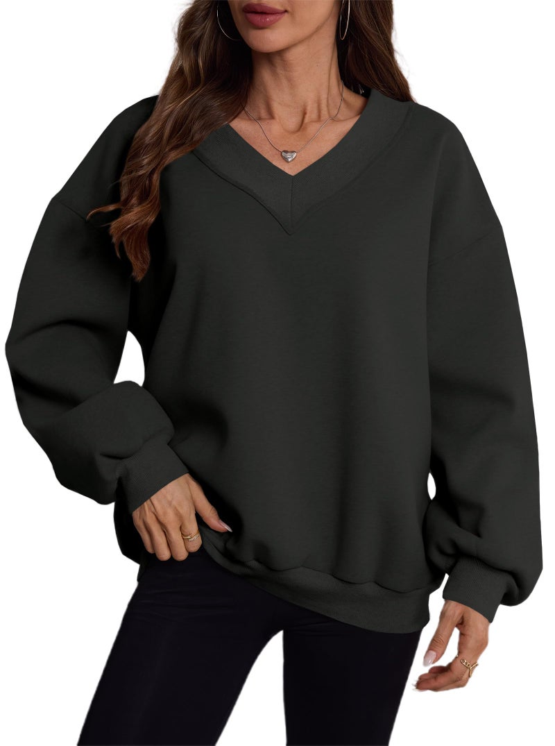Hilinker Womens V Neck Oversized Sweatshirts Cute Pullover Drop Shoulder Long Sleeve Tops Black N Small - Image 5