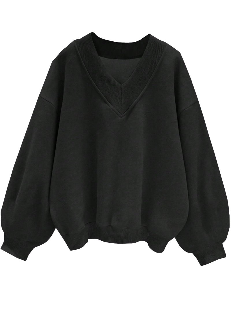 Hilinker Womens V Neck Oversized Sweatshirts Cute Pullover Drop Shoulder Long Sleeve Tops Black N Small - Image 1