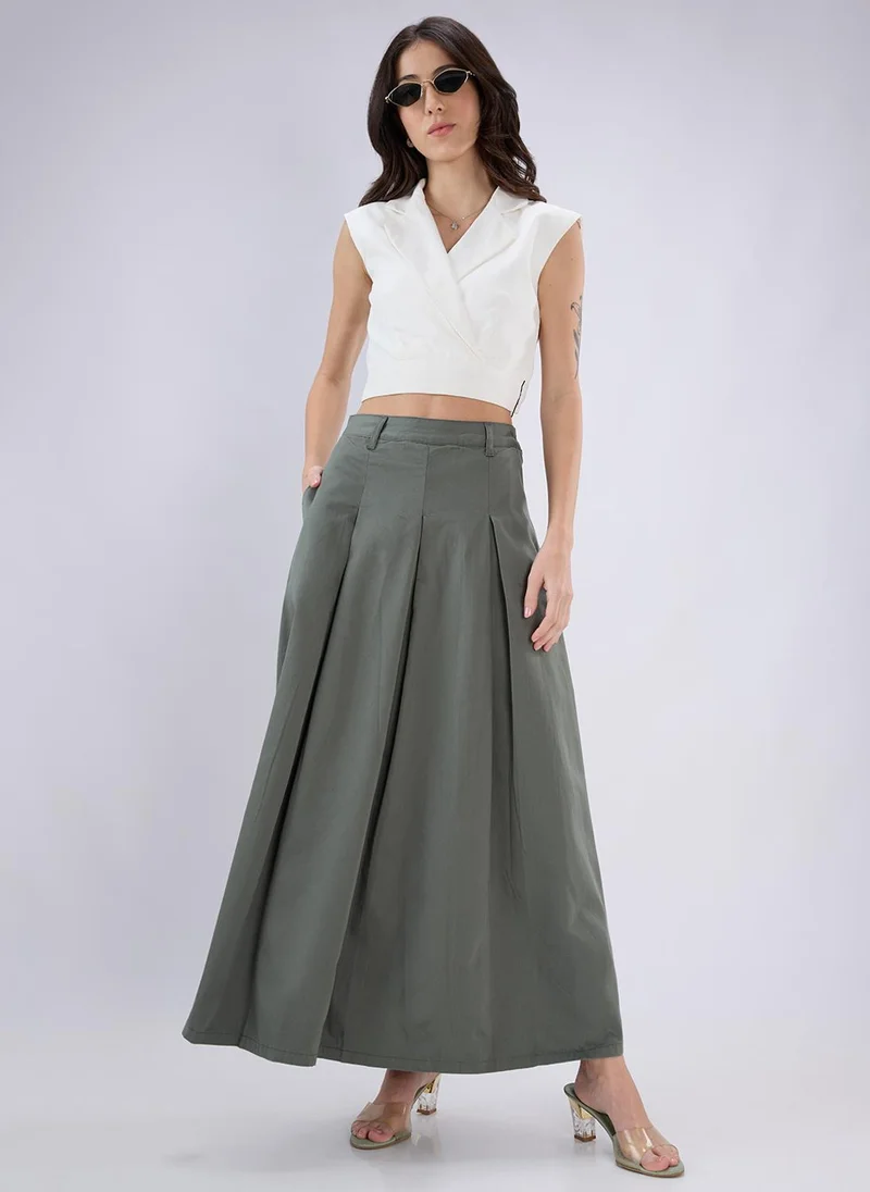 جلو باص Globus Women Olive High Rise Pleated Flared Maxi Skirt with Belt Loops
