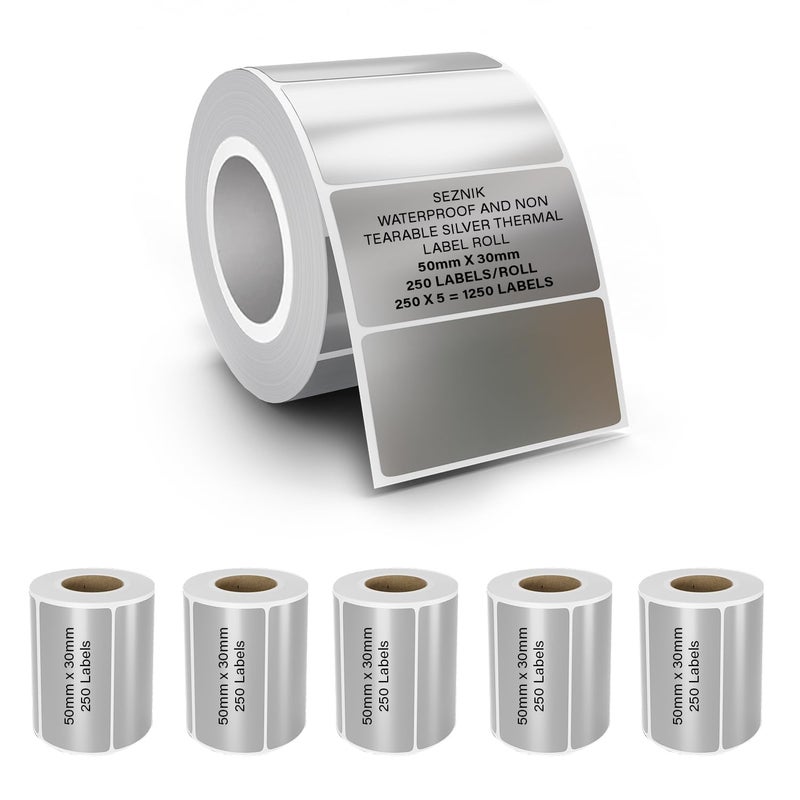 SEZNIK Silver Waterproof, Non-Tearable, Sticky Thermal Lables, Label Roll, 2 inch Adhesive Thermal Labels for Label Printers (50mmx30mm - 1250 Lables) - Image 1