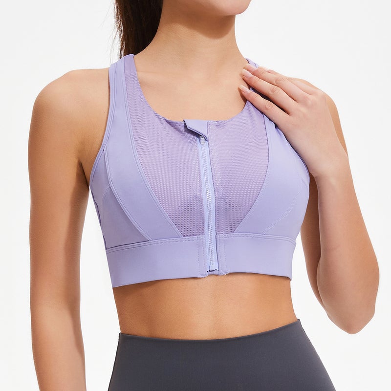 Sports Bra Light Blue Purple High Strength Shockproof Push-up Sports Underwear Women's Outdoor Running Fitness Bra Front Zipper Full Wrap Yoga Vest