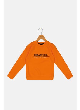 Nautica Competition Toddlers Boy Crew Neck Long Sleeve Brand Logo Sweatshirt, Orange  - Image 1