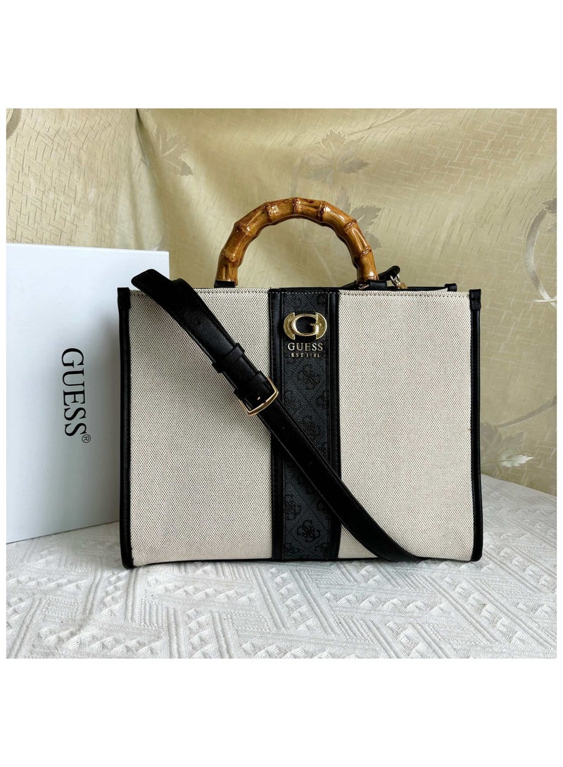 GUESS Large Capacity Simple Printed Fabric Splicing Tote Bag Bamboo Handle Single Shoulder Women's Bag33*13*25.5CM  - Image 1