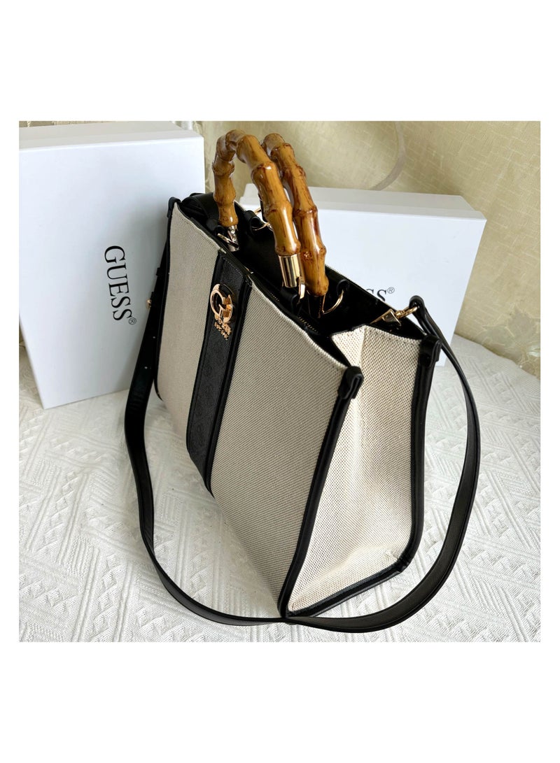 GUESS Large Capacity Simple Printed Fabric Splicing Tote Bag Bamboo Handle Single Shoulder Women's Bag33*13*25.5CM  - Image 4