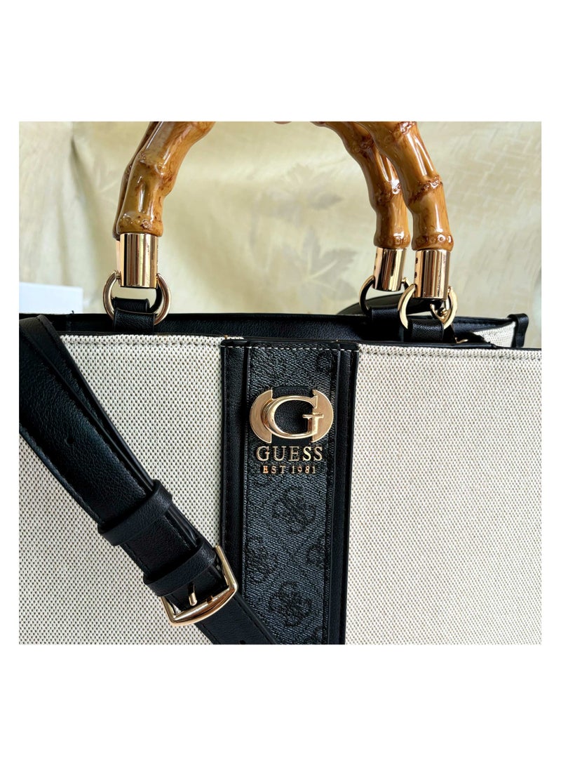 GUESS Large Capacity Simple Printed Fabric Splicing Tote Bag Bamboo Handle Single Shoulder Women's Bag33*13*25.5CM  - Image 3