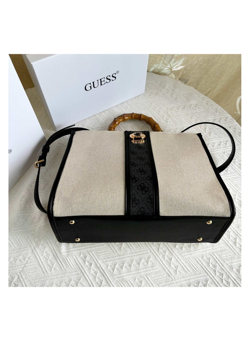 GUESS Large Capacity Simple Printed Fabric Splicing Tote Bag Bamboo Handle Single Shoulder Women's Bag33*13*25.5CM  - Image 5
