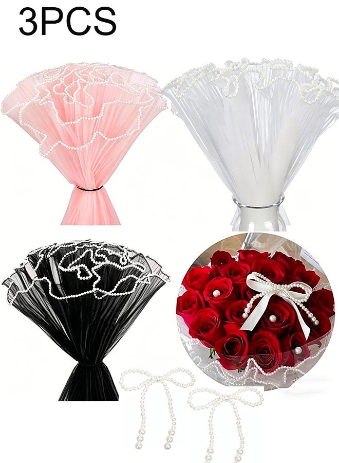 Happy D 4 Yards 28cm Flower Wrapping Paper, 3-Piece Set, Pearl Ruched Wavy Mesh Flower Wrapping Paper for Bouquet Wrapping, Suitable for Mother's Day, Graduation, Wedding, Florist Supplies, DIY Floral Crafts, 3 Colors, Comes with Bow Pearl - Image 1