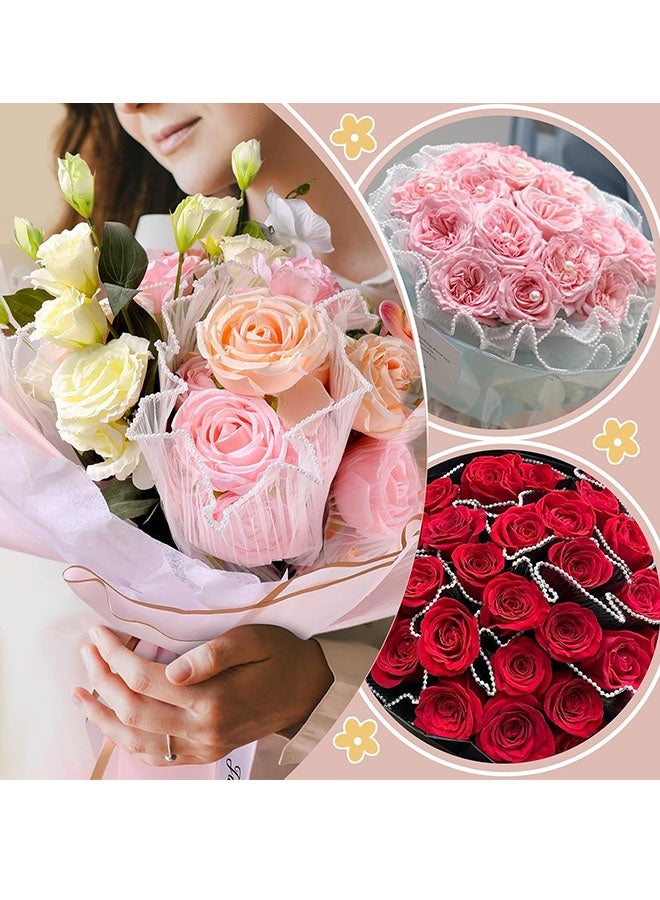 Happy D 4 Yards 28cm Flower Wrapping Paper, 3-Piece Set, Pearl Ruched Wavy Mesh Flower Wrapping Paper for Bouquet Wrapping, Suitable for Mother's Day, Graduation, Wedding, Florist Supplies, DIY Floral Crafts, 3 Colors, Comes with Bow Pearl - Image 2