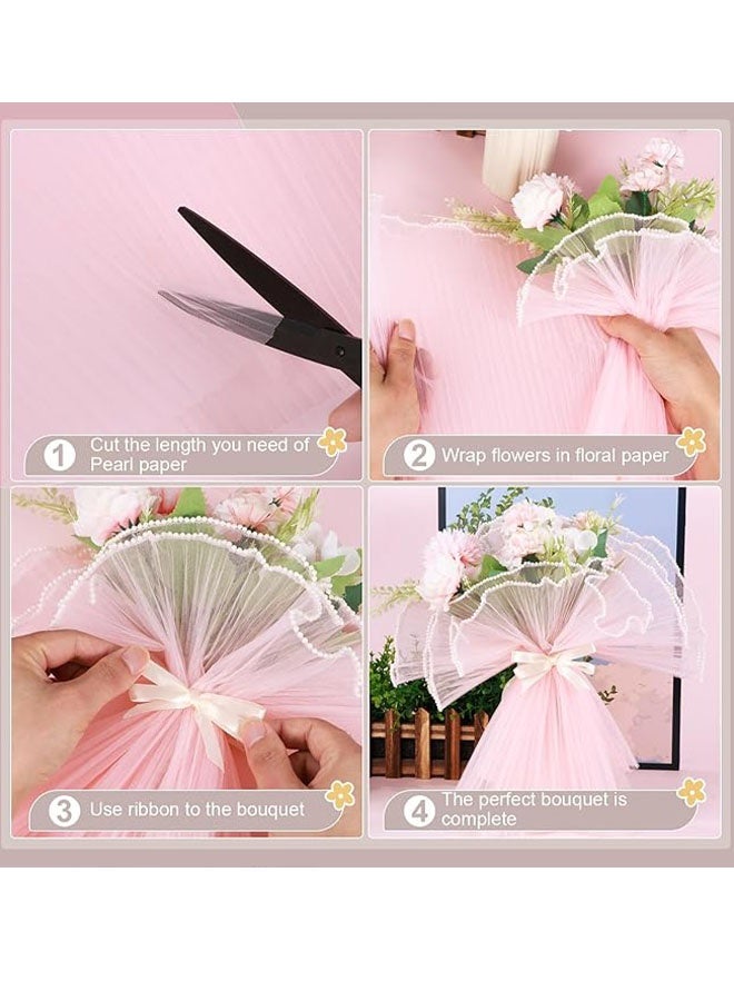 Happy D 4 Yards 28cm Flower Wrapping Paper, 3-Piece Set, Pearl Ruched Wavy Mesh Flower Wrapping Paper for Bouquet Wrapping, Suitable for Mother's Day, Graduation, Wedding, Florist Supplies, DIY Floral Crafts, 3 Colors, Comes with Bow Pearl - Image 3