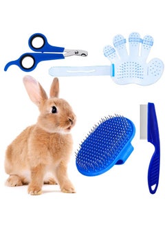 Patelai 4 Pieces Bunny Grooming Kit: Brush, Hair Remover, Nail Clipper, Shampoo Brush with Adjustable Ring Handle for Rabbits, Hamsters (Blue)  - Image 1