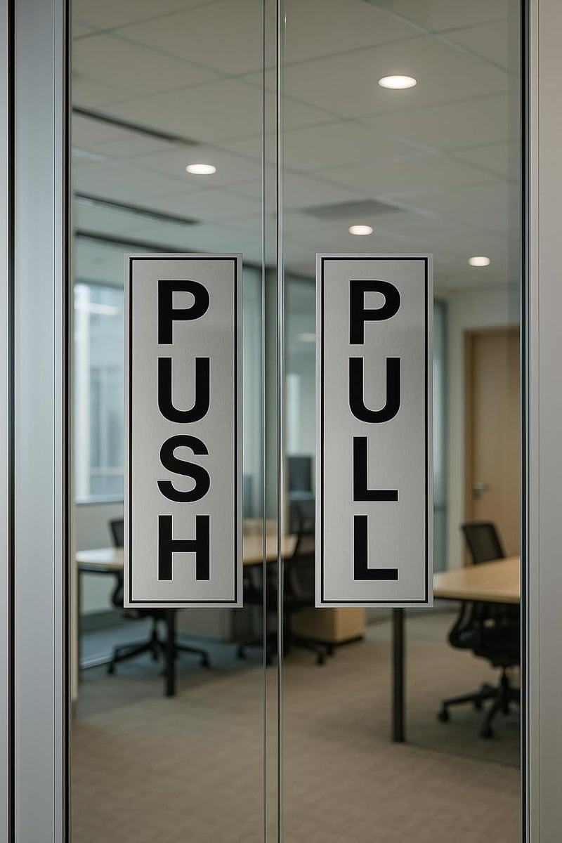 BUZZ COOL Silver Metal Push Pull Sign Board For Offie and Shop Glass and Wooden | Self Adhesive Stainless Steel Metal Sticker for Door | Push and Pull Sticker for Hospital Malls Office 2 Set Pack (4Pcs) - Image 4
