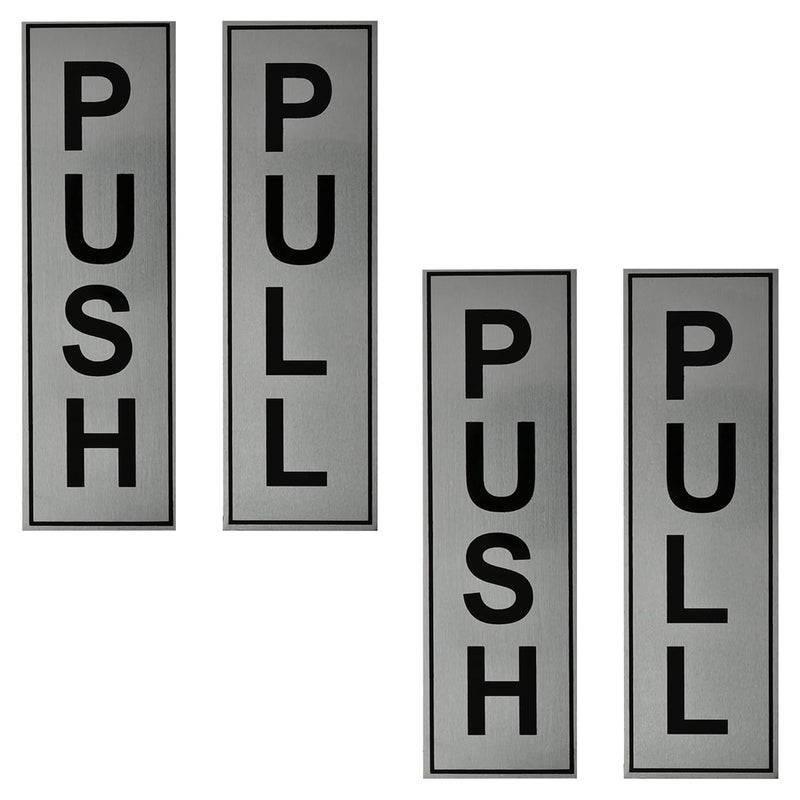 BUZZ COOL Silver Metal Push Pull Sign Board For Offie and Shop Glass and Wooden | Self Adhesive Stainless Steel Metal Sticker for Door | Push and Pull Sticker for Hospital Malls Office 2 Set Pack (4Pcs) - Image 1