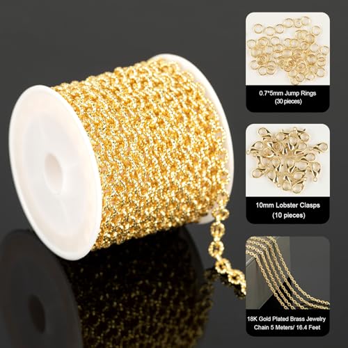 YOUBEIYEE 4 Meters 18K Gold Plated Chains for Jewelry Making Embossed Rolo Chain Light Gold Plated Brass Jewelry Chains with Jump Rings and Lobster Clasps - Image 2