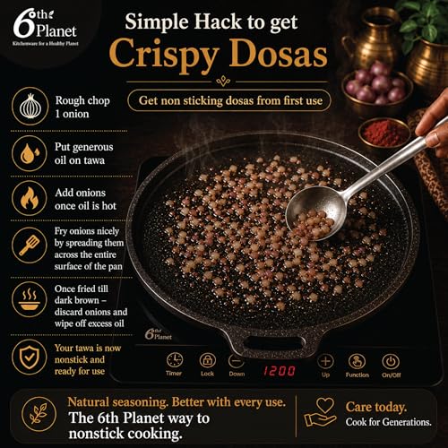 6th Planet Cast Iron Dosa Tawa 11 Inch | Pre-Seasoned Flat Tawa | Roti Chapati Tawa | Single Handle | Gas & Induction Compatible | Heavy Duty Traditional Cookware - Image 4