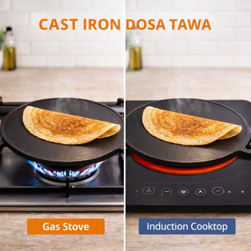 6th Planet Cast Iron Dosa Tawa 11 Inch | Pre-Seasoned Flat Tawa | Roti Chapati Tawa | Single Handle | Gas & Induction Compatible | Heavy Duty Traditional Cookware - Image 2
