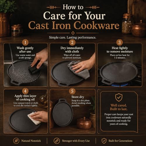 6th Planet Cast Iron Dosa Tawa 11 Inch | Pre-Seasoned Flat Tawa | Roti Chapati Tawa | Single Handle | Gas & Induction Compatible | Heavy Duty Traditional Cookware - Image 5