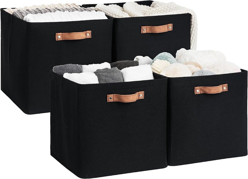 StorageWorks 13x13 Storage Cubes, Collapsible Storage Bins Organizer for Closet, Fabric Storage Box with PU Handles, Black, 4-Pack - Image 1