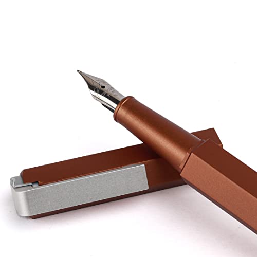 Worther Compact Mocca Fountain Ink Pen - Medium Size Steel Nib For Writing, Smooth Copper Brown Anodized Aluminium Finish Hexagon Design Preinstalled Converter, Blue Ink Cartridge, Spring Pocket Clip - Image 3