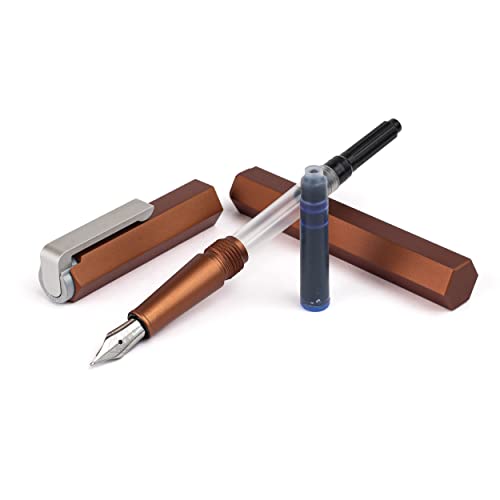Worther Compact Mocca Fountain Ink Pen - Medium Size Steel Nib For Writing, Smooth Copper Brown Anodized Aluminium Finish Hexagon Design Preinstalled Converter, Blue Ink Cartridge, Spring Pocket Clip - Image 2
