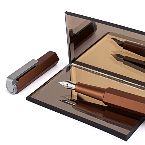 Worther Compact Mocca Fountain Ink Pen - Medium Size Steel Nib For Writing, Smooth Copper Brown Anodized Aluminium Finish Hexagon Design Preinstalled Converter, Blue Ink Cartridge, Spring Pocket Clip - Image 5