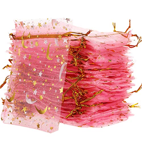 Shappy 150 Pieces Drawstring Organza Bags Small Moon Stars Drawstring Sachet Jewelry Mesh Gift Bags Pouches Gold Star Organza Favor Pouches for Christmas Wedding Party (Pink, 3.5 x 4.7 Inch) - Image 1