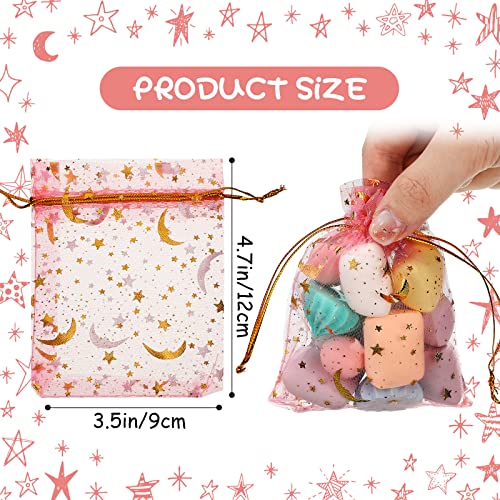 Shappy 150 Pieces Drawstring Organza Bags Small Moon Stars Drawstring Sachet Jewelry Mesh Gift Bags Pouches Gold Star Organza Favor Pouches for Christmas Wedding Party (Pink, 3.5 x 4.7 Inch) - Image 3