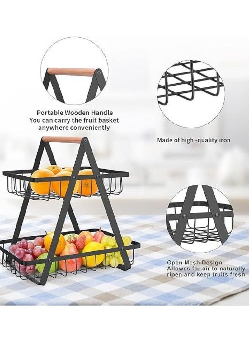 2-Tier Countertop Fruit Basket Storage, Vegetable Rack Bread Display Stand for Kitchen, Black