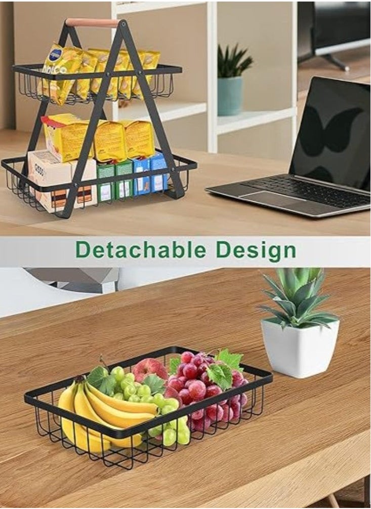 2-Tier Countertop Fruit Basket Storage, Vegetable Rack Bread Display Stand for Kitchen, Black