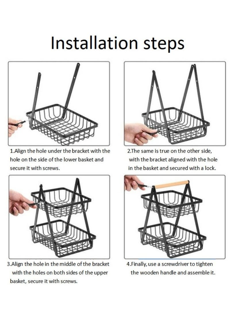 2-Tier Countertop Fruit Basket Storage, Vegetable Rack Bread Display Stand for Kitchen, Black