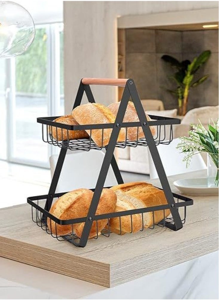 2-Tier Countertop Fruit Basket Storage, Vegetable Rack Bread Display Stand for Kitchen, Black