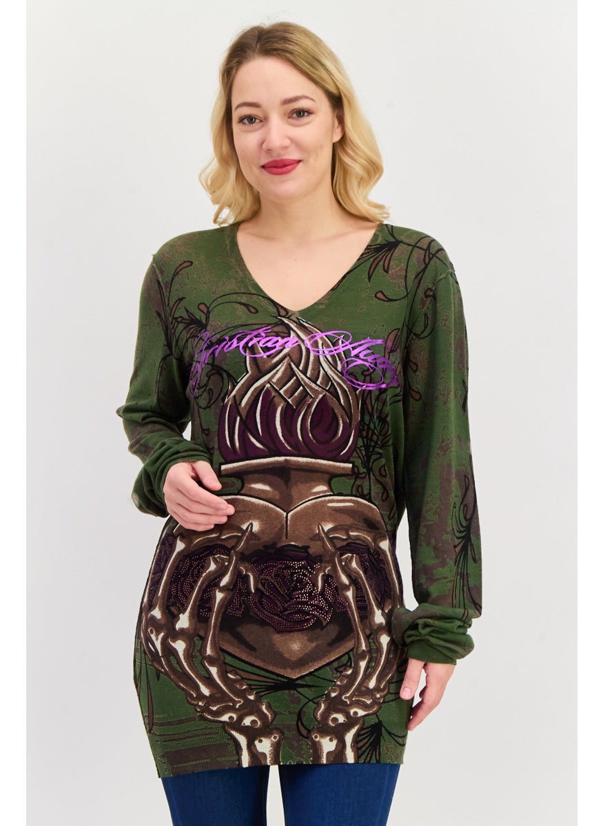 CHRISTIAN AUDIGIER Women V-Neck Embellished Sweater, Green  - Image 1