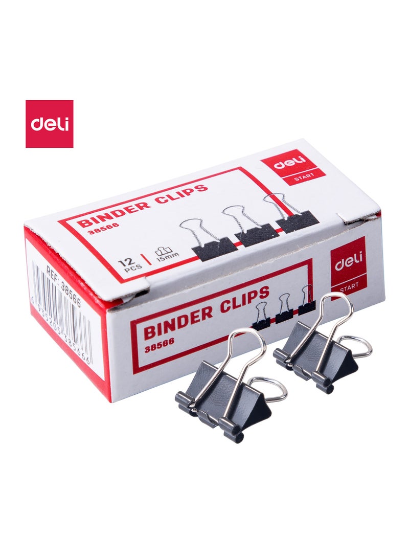 Deli E38566 Binder Clips - 15mm, Black, Rust-Resistant, E38566 - Image 1