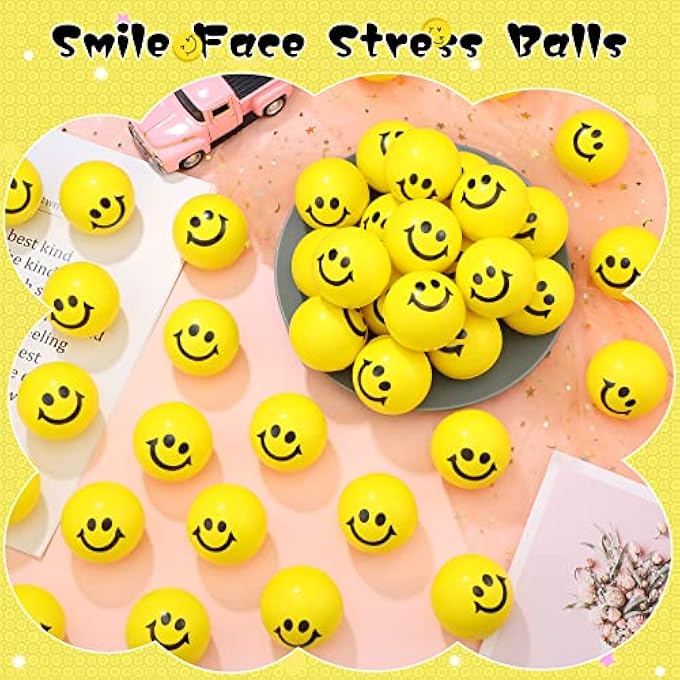 Vinsot 100 Pcs Smile Face Stress Balls Bulk 2 Inch Funny Face Stress Relief Balls Mini Foam Smile Face Toys for Finger Exercise, School Prizes, Party Bag Fillers (Yellow) - Image 5