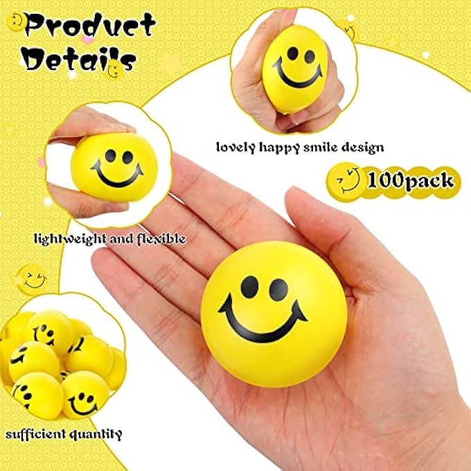 Vinsot 100 Pcs Smile Face Stress Balls Bulk 2 Inch Funny Face Stress Relief Balls Mini Foam Smile Face Toys for Finger Exercise, School Prizes, Party Bag Fillers (Yellow) - Image 3