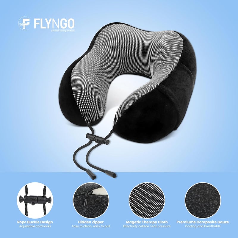 FLYNGO FLYNGO Memory Foam Neck Pillow for Travel Neck Support Pillow with Rest Eye Mask, Noise Isolating Ear Plugs Portable Combo (Black, pack of 1)  - Image 4