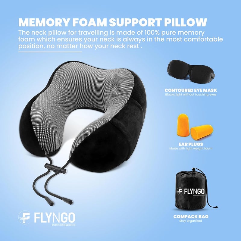 FLYNGO FLYNGO Memory Foam Neck Pillow for Travel Neck Support Pillow with Rest Eye Mask, Noise Isolating Ear Plugs Portable Combo (Black, pack of 1)  - Image 2