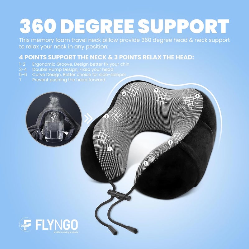 FLYNGO FLYNGO Memory Foam Neck Pillow for Travel Neck Support Pillow with Rest Eye Mask, Noise Isolating Ear Plugs Portable Combo (Black, pack of 1)  - Image 3