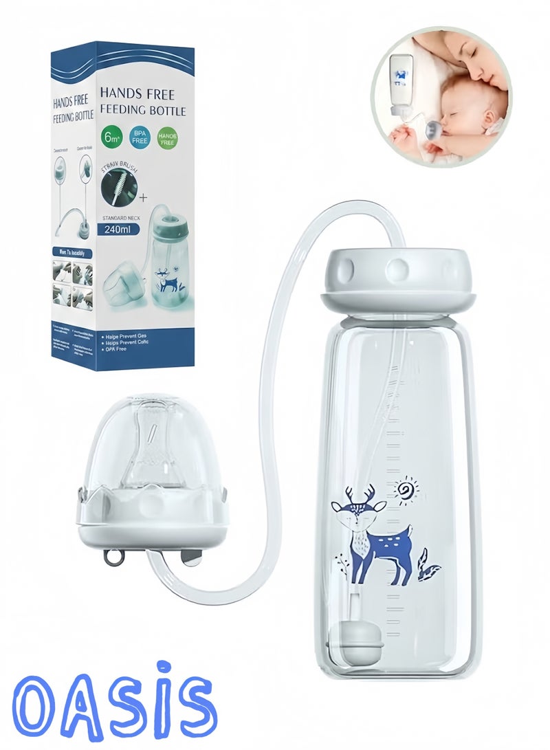 Oasis Hands Free Baby Feeding Bottle with Long Straw Connector Anti Bloating Gas Prevention PP Milk Bottle for Toddlers Infant 240ml - Blue - Image 1