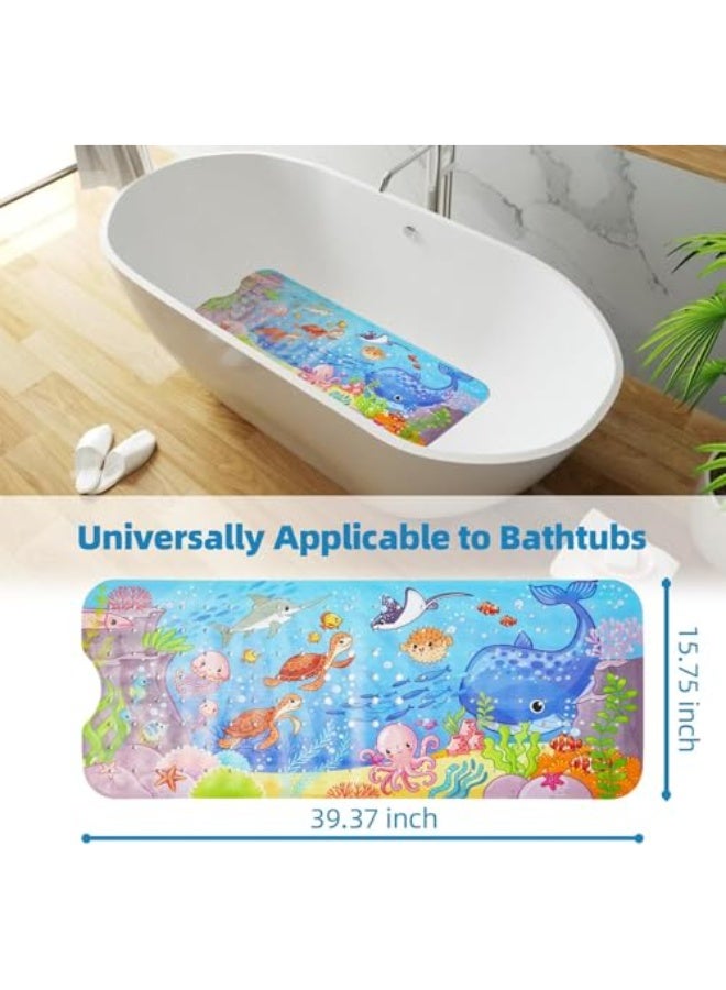 Bathtub Mat for Kids, Non Slip Cartoon Bath Mat with Suction Cup and Drain Hole, Extra-Long 40 X 16 Inch Bath Tub and Shower Mat for Baby Toddlers, Machine Washable, Blue - Image 2