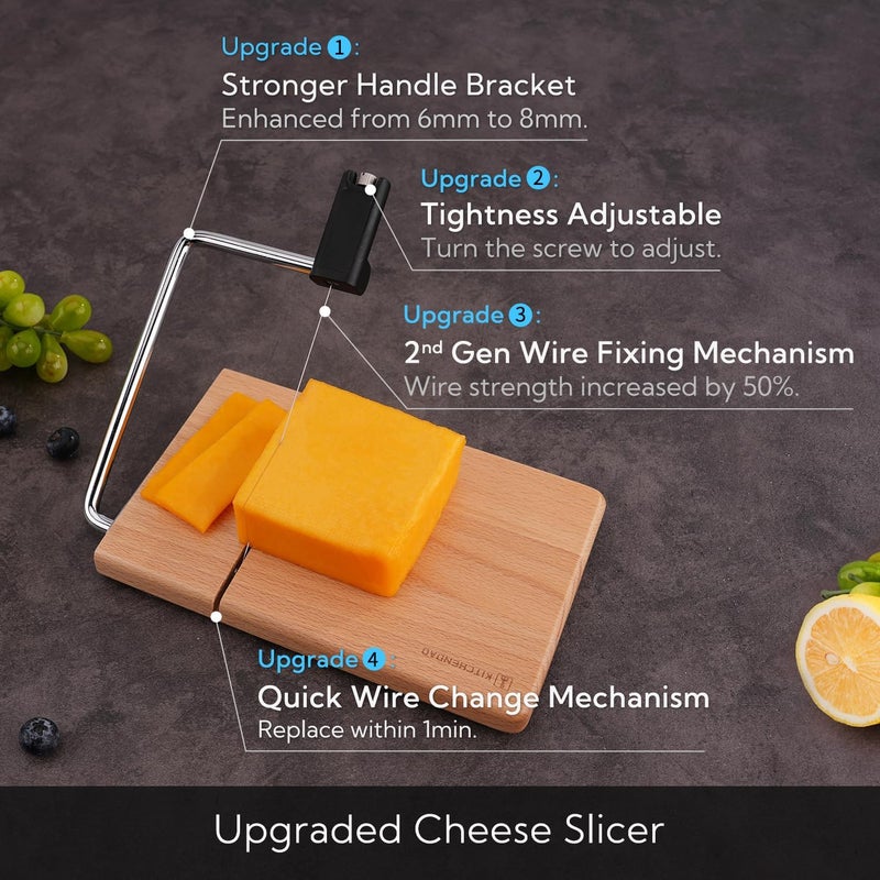 KITCHENDAO Replaceable Wire Cheese Slicer with Board, Tightness Adjustable Cheese Slicer, Beech Wood Cheese Cutter for Block Cheese, Easy to Replace, with 2 Extra Upgrade Strong Wires - Image 2