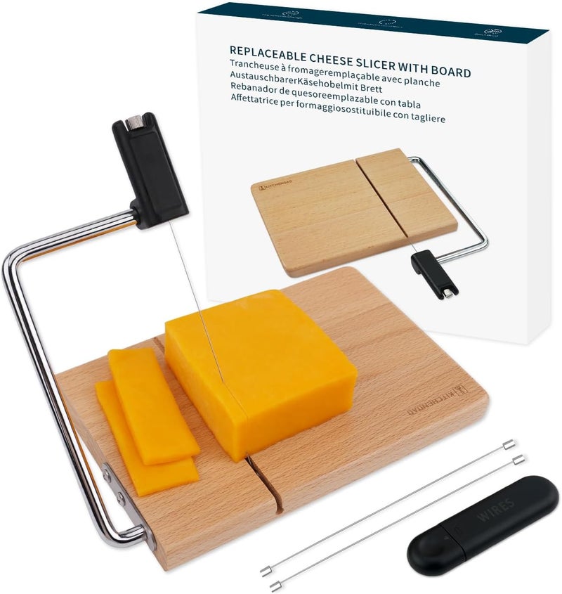KITCHENDAO Replaceable Wire Cheese Slicer with Board, Tightness Adjustable Cheese Slicer, Beech Wood Cheese Cutter for Block Cheese, Easy to Replace, with 2 Extra Upgrade Strong Wires - Image 1