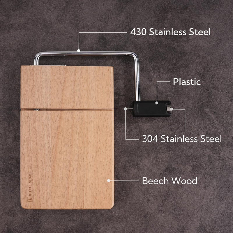KITCHENDAO Replaceable Wire Cheese Slicer with Board, Tightness Adjustable Cheese Slicer, Beech Wood Cheese Cutter for Block Cheese, Easy to Replace, with 2 Extra Upgrade Strong Wires - Image 5