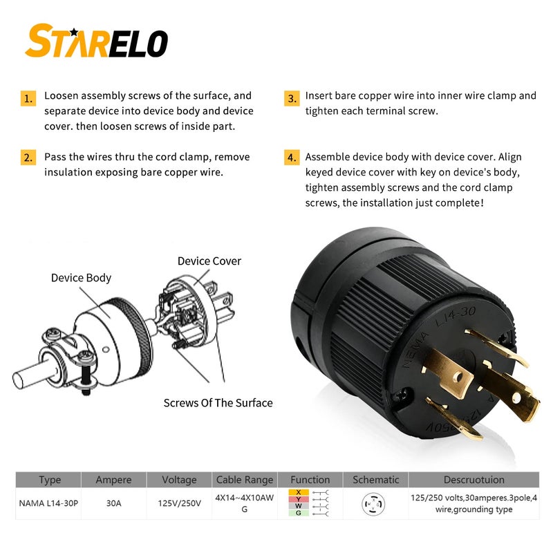 STARELO Locking NEMA L14-30P Generator Extension Cord End Male Plug 30A 125/250V 3 Pole 4 Wire Grounding Electrical Replacement Industrial Grade UL Listed - Image 2