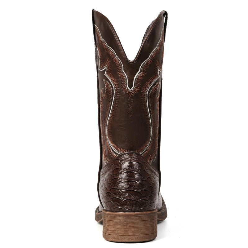 IUV Cowboy Boots for Men Faux Snake Skin Embroidered Western Boots Slip Resistant Square Toe Pull on Mid Calf Cowboy Boot - Image 5