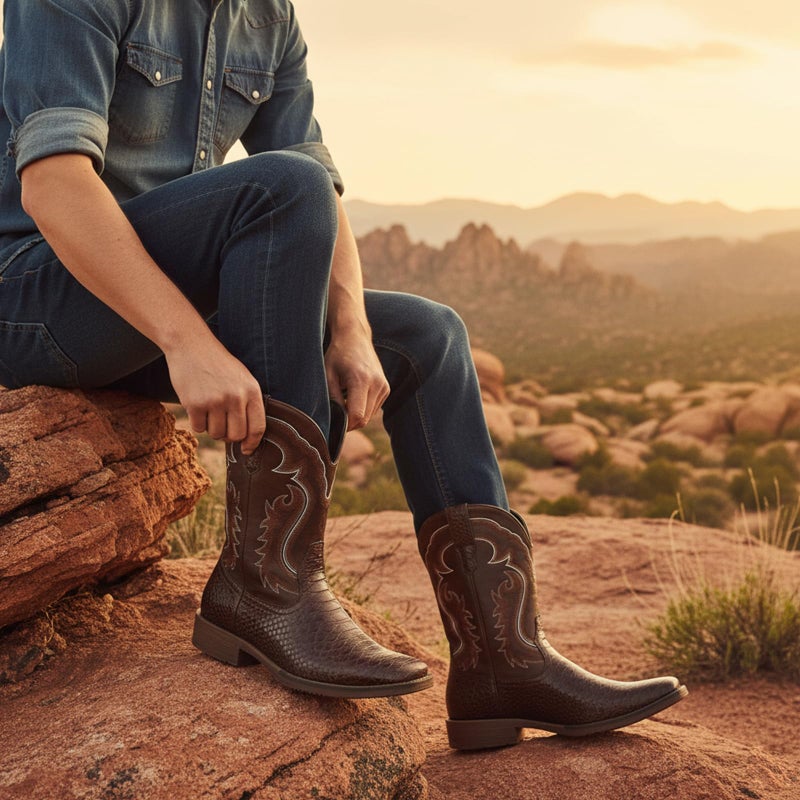 IUV Cowboy Boots for Men Faux Snake Skin Embroidered Western Boots Slip Resistant Square Toe Pull on Mid Calf Cowboy Boot - Image 3