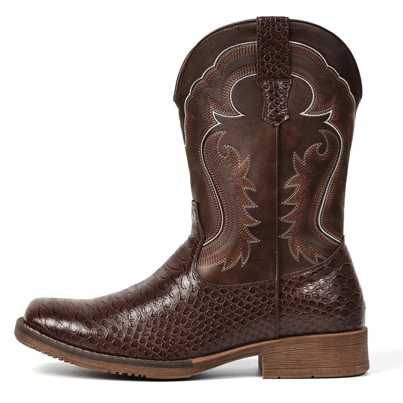 IUV Cowboy Boots for Men Faux Snake Skin Embroidered Western Boots Slip Resistant Square Toe Pull on Mid Calf Cowboy Boot - Image 4