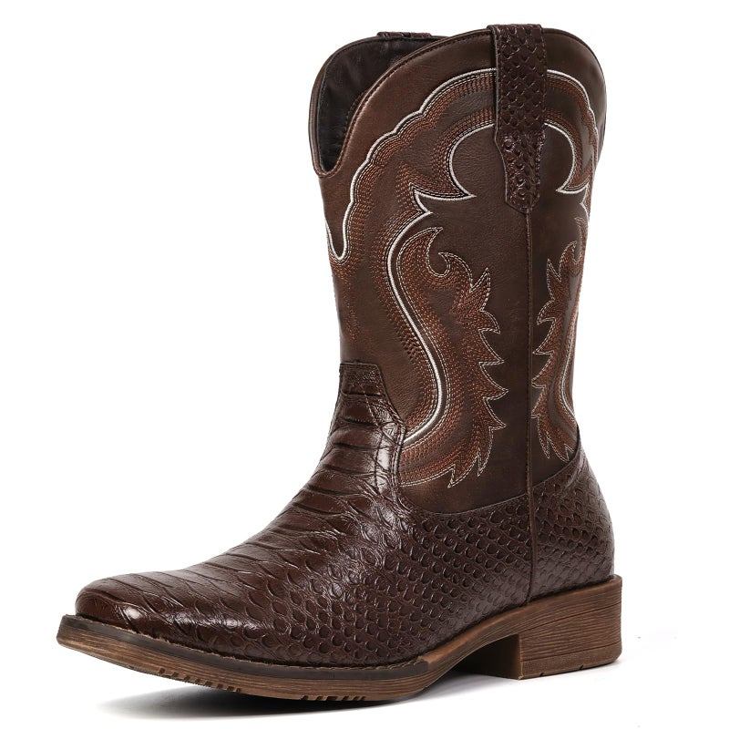 IUV Cowboy Boots for Men Faux Snake Skin Embroidered Western Boots Slip Resistant Square Toe Pull on Mid Calf Cowboy Boot - Image 1