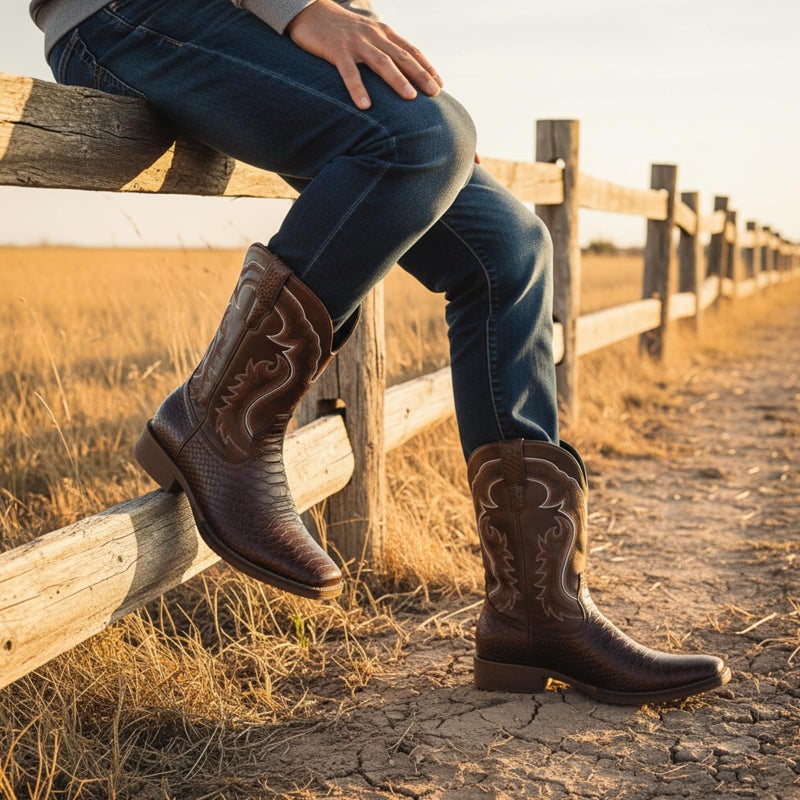 IUV Cowboy Boots for Men Faux Snake Skin Embroidered Western Boots Slip Resistant Square Toe Pull on Mid Calf Cowboy Boot - Image 2