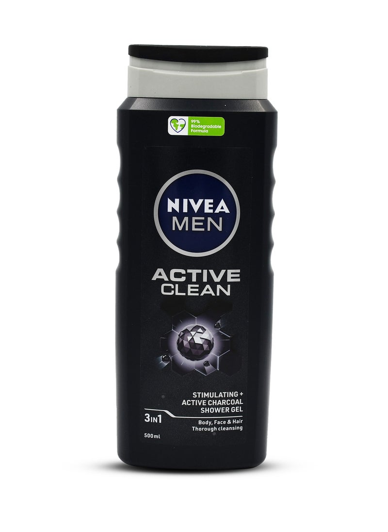 Nivea NIVEA MEN 3in1 Shower Gel, Active Clean Charcoal Woody Scent, 500ml  - Image 1